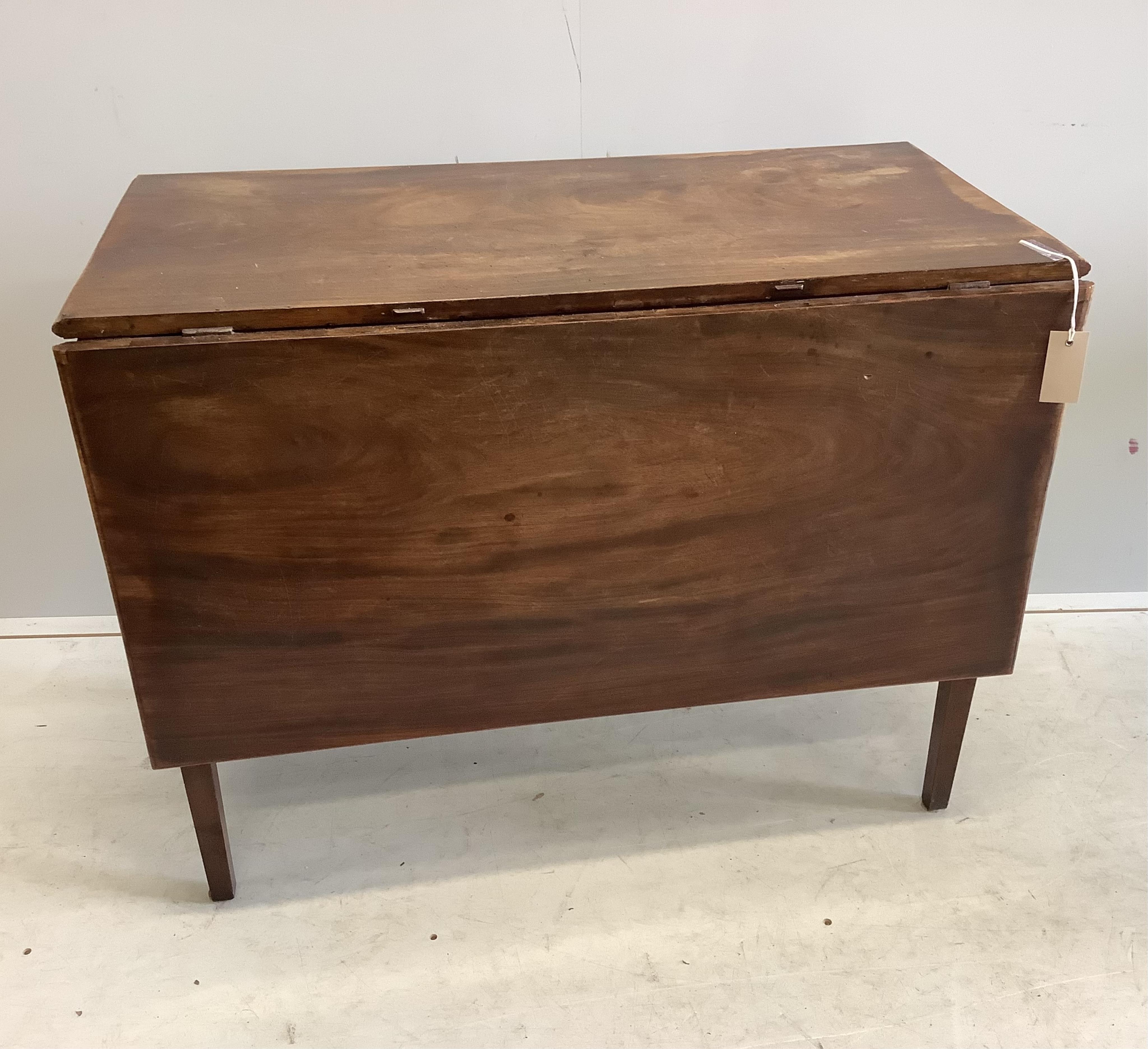 A George III mahogany single drop leaf table, width 90cm, depth 46cm, height 72cm. together with a George III mahogany Pembroke table. Condition - poor